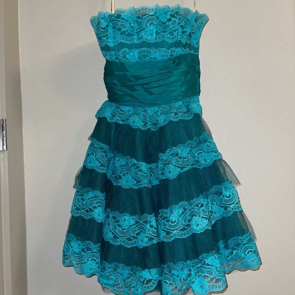 COPY - Betsy Johnson blue/turquoise lace silk dress